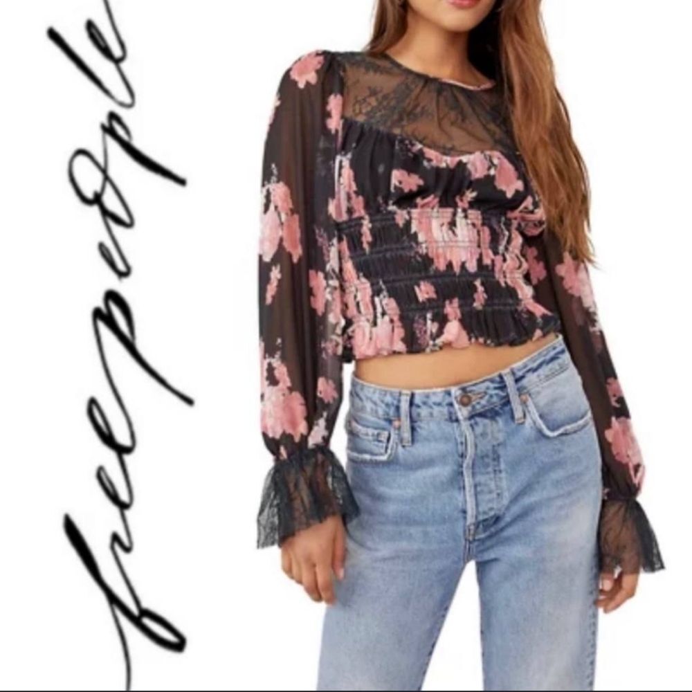 Free People Daphne Top Coral Floral Cropped Lace Sheer Yoke Smocked Size L NWT